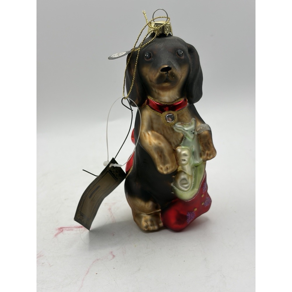 Old World Christmas Dachshund Dog With Toy Glass Christmas Ornament‎ NWT 6"